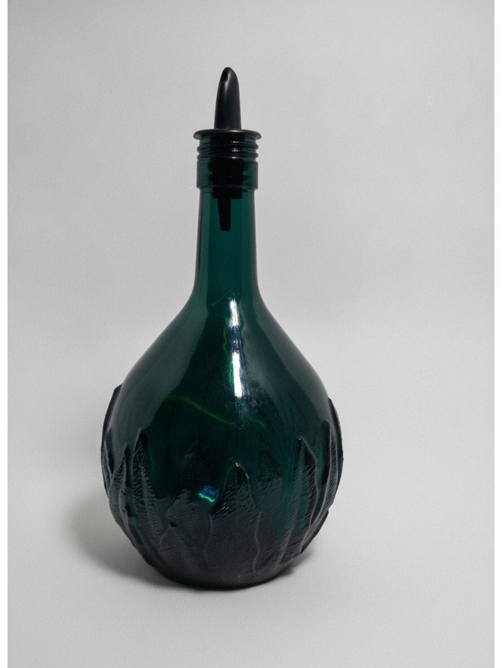Emerald Green Glass Cruet Oil Vinegar Dispenser Embossed Leaf with Spout